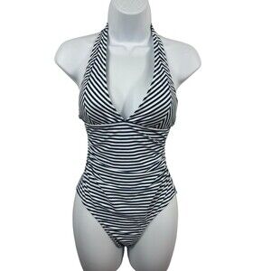 Cupshe Navy White Striped Halter One Piece Swimsuit XS Nautical Beach Swim NWT